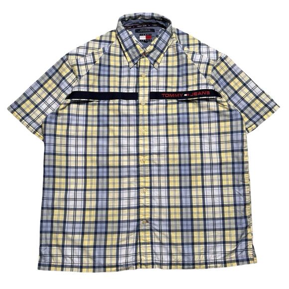 Vintage Y2K Tommy Jeans Hilfiger Button Shirt Plaid Yellow Blue Button Up XL - Picture 1 of 5